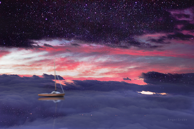 surrealism art picture, Angel Gruev, sky, starry night, clouds, sail boat, at world's end